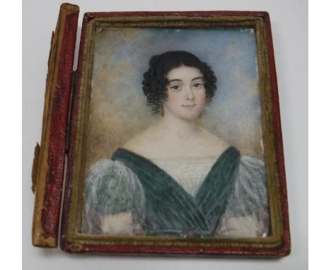 EARLY 19TH CENTURY ENGLISH SCHOOL “Young girl in lace-trimmed green dress, her hair in ringlets”, miniature portrait study, o