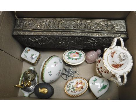 A collection of various trinket boxes to include Limoges, Dubarry, Wedgwood, Royal Crown Derby, etc, a Japanese silvered lead