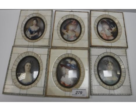 A collection of six 20th Century portrait miniatures in the Italian style, housed in ivory piano key frames, depicting variou