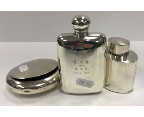 An Edwardian silver hip flask engraved “G.F.B from E.G.B April 1904”, an oval Edwardian silver snuff box engraved “G.F.B. 190