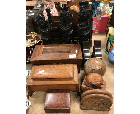 A 19th Century mahogany sarcophagus shaped tea caddy (interior missing), a sarcophagus shaped oak box, burr cedar veneered bo