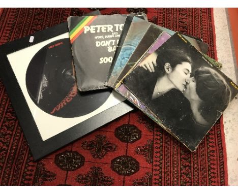 Seven boxes of assorted LPs and singles to include framed Deep Purple "Fireball" picture disk, Pink Floyd "Dark Side of the M