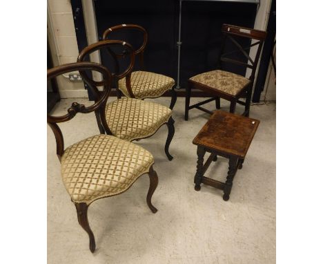 A set of three Victorian rosewood kidney back dining chairs with upholstered seats on cabriole front legs, a 19th Century mah