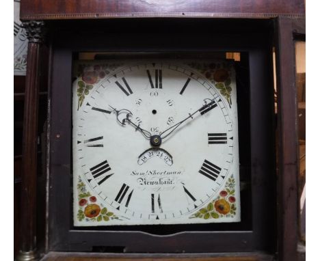 A 19th Century maohgany and inlaid long case clock, the 30 hour movement with square enamel dial and Roman numerals enclosing