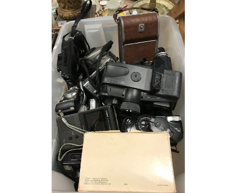 A box containing a collection of various vintage and other cameras including Polaroid Land camera Model 95, Minolta Rokkor 16