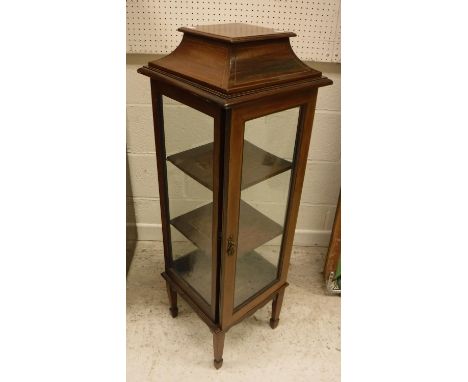 An Edwardian mahognay and inlaid Sheraton Revival bijouterie cabinet, the caddy top over a single door and four sided glazed 