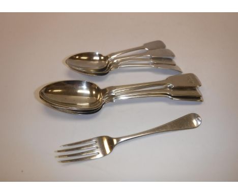 Four Victorian silver fiddle pattern tablespoons, various dates and makers, four dessert spoons, various dates and makers and