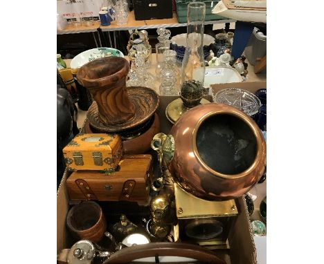 A 19th Century copper and brass samovar (converted), an Avia Quartz mantel clock, various brass ornamental wares, oil lamp, o