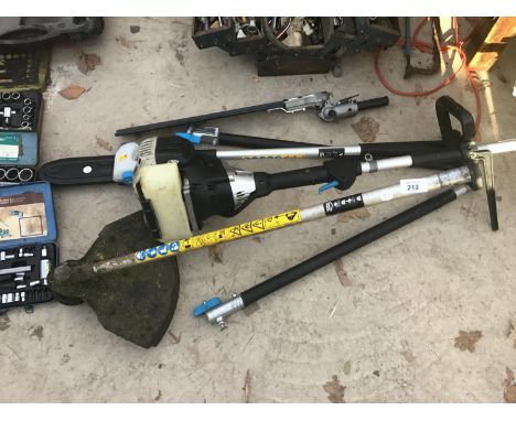 A MACALLISTER PETROL ENGINE WITH STRIMMER, HEDGECUTTER, CHAINSAW ATTACHMENTS AND EXTENSION PIECES 