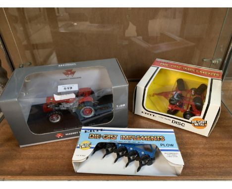 THREE ITEMS - TWO DIE CAST IMPLEMENTS AND A UNIVERSAL HOBBIES MODEL MASSEY FERGUSON 1080 4WD EUROPEAN 1-32 SCALE ITEM NO 4169