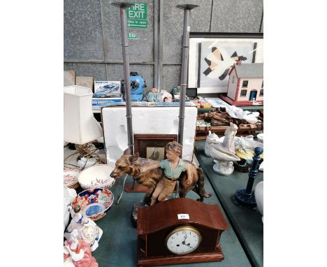 FOUR ITEMS - PAIR OF TALL METAL CANDLE HOLDERS, CHALK STYLE FIGURE GROUP AND EDWARDIAN MANTLE CLOCK (NO MOVEMENT) 
