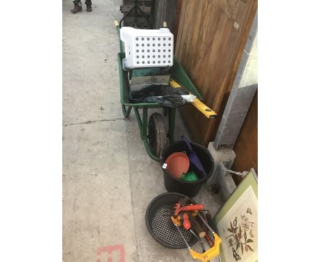 A MIXED GARDENING LOT TO INCLUDE A WHEEL BARROW, STEP, SIEVE, HAND TOOLS ETC 