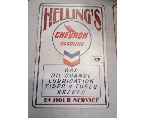 A VINTAGE STYLE METAL SIGN 'HELLINGS CHEVRON GASOLINE' 