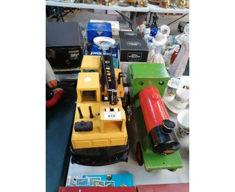 TWO ITEMS - WOODEN TRAIN MODEL AND CONSTRUCTION TRUCK 