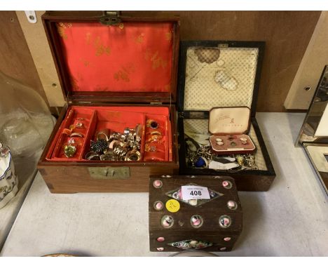 TWO WOODEN BOXES WITH VARIOUS PIECES OF COSTUME JEWELLERY TOGETHER WITH SMALL WOODEN BOX WITH ENAMEL PANEL DESIGN 