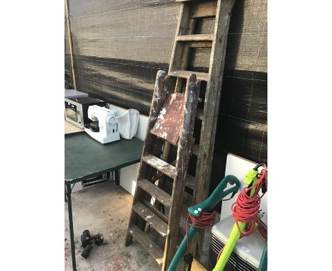 TWO PAIRS OF VINTAGE WOODEN STEP LADDERS, ONE FOUR STEP AND ONE SEVEN STEP 