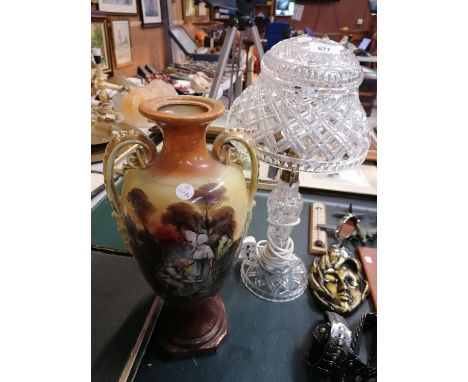 A CUT GLASS MUSHROOM LAMP IN WORKING ORDER TOGETHER WITH TWIN HANDLED CONTINENTAL VASE 