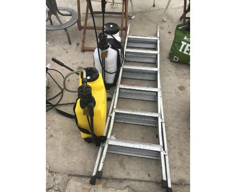 A TWELVE RUNG TWO SECTION ALLOY STEP LADDER AND TWO KNAP SACK SPRAYERS 