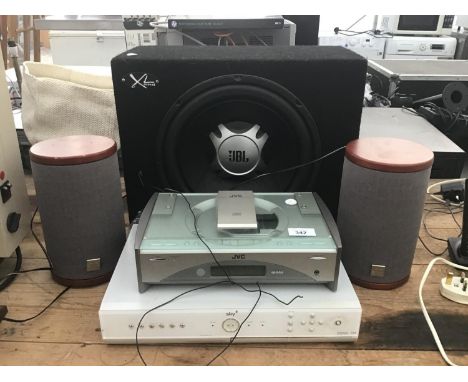 A JBL XL SPEAKER, A JVC CD STEREO WITH SPEAKERS AND A SKY BOX IN WORKING ORDER 