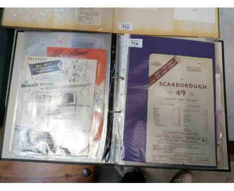 A FOLDER CONTAINING VARIOUS VINTAGE EPHEMERA RELATING TO ENTERTAINMENT, TRAVEL ETC 