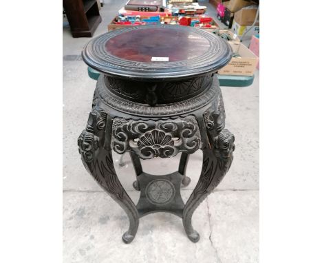 A TALL 19TH CENTURY CHINESE CARVED JARDINIERE STAND WITH ROSEWOOD TOP AND LOWER SHELF 