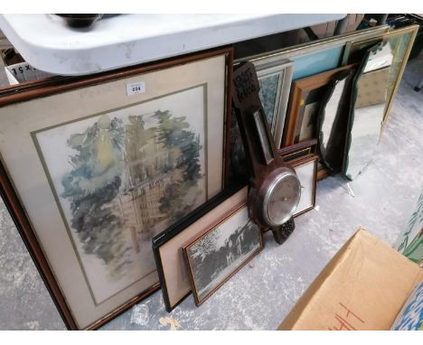 A LARGE GROUP OF ASSORTED PRINTS, MIRRORS TOGETHER WITH A WOODEN BAROMETER 