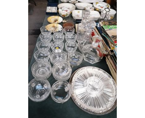 A LARGE COLLECTION OF CUT GLASS ITEMS - ROVER DECANTER ETC 