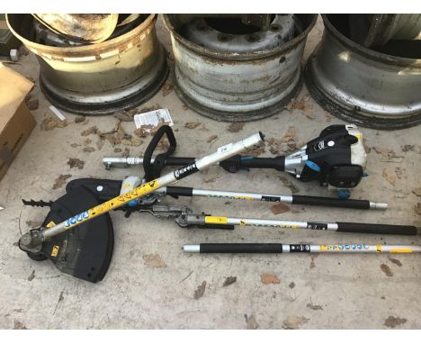 A MACALLISTER PETROL ENGINE WITH STRIMMER, HEDGECUTTER, CHAINSAW ATTACHMENTS AND EXTENSION PIECES 