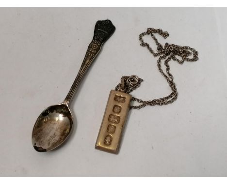 TWO ITEMS - SILVER INGOT ON CHAIN AND HALLMARKED SILVER SPOON 