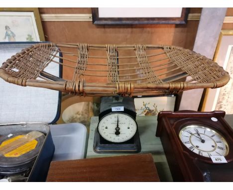 A SET OF VINTAGE 'HUGHES' WEIGHING SCALES WITH WICKER BASKET 
