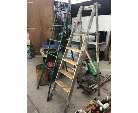 TWO PAIRS OF STEP LADDERS TO INCLUDE A METAL AND A WOODEN FIVE STEP 