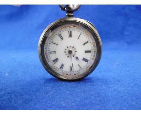 A SILVER SWISS OPEN FACED POCKET WATCH WITH FLORAL ENAMEL DIAL