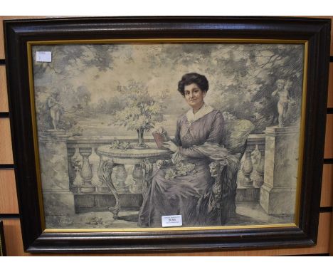 A pencil sketch of a seated woman, signed Victor de Veysy l r, hand painted face, 34 x 48 cm