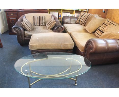 ***LOCATED AT GRESLEY****Modern leather and fabric large sofa with pouffe and glass top brass framed coffee table