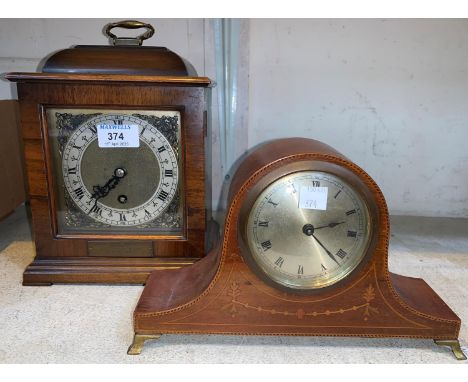 A Georgian style bracket clock in walnut case; an Edwardian mantel clock in inlaid mahogany case 