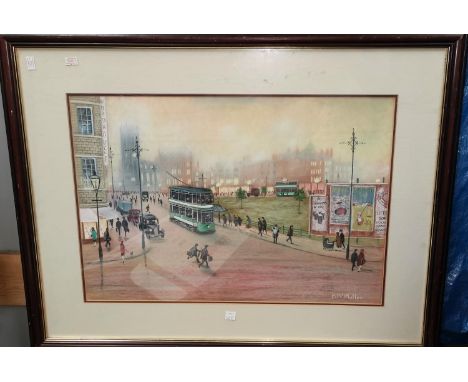 B McMullen, Manchester scene with trams, pastel sketch, signed, 38  x 54cm and a signed print after Margaret Chapman 