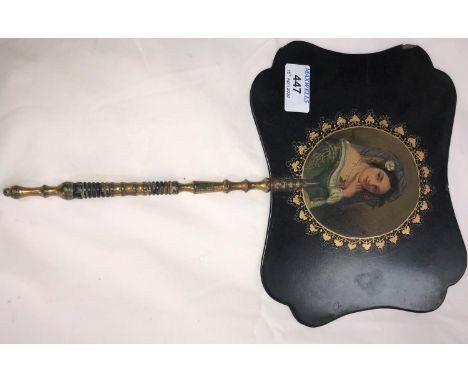 A19th century lacquer work hand screen with oval portrait of a young woman to the centre; 5        similar items 