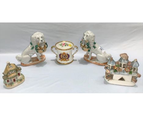 A Victorian pair of china poodles with baskets of puppies; 2 encrusted ornaments; a Nao figure and 2 similar; a Just Cats cat