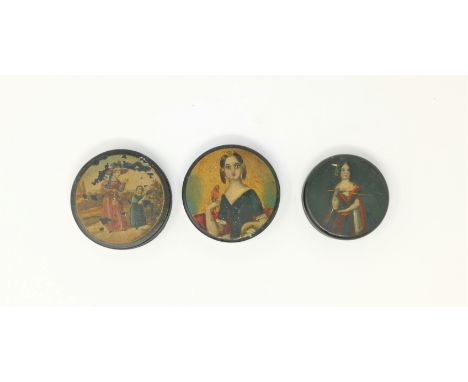 A 19th century lacquer patch box with enamelled portrait of a girl with a bird; 2 others 