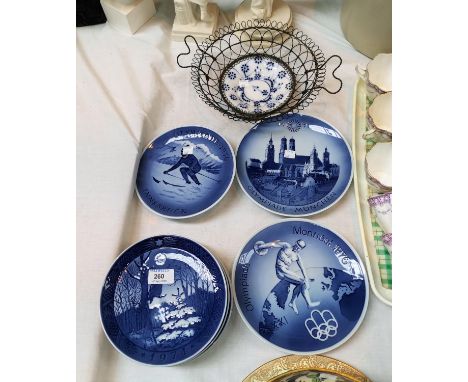 5 Royal Copenhagen Christmas plates; 3 Royal Copenhagen Olympic plates; a Sarreguemines hand painted ceramic plaque depicting