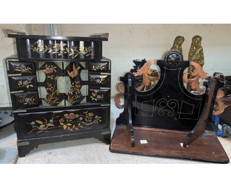 A Japanese lacquer work jewellery cabinet, height 30 cm; a continental carved and lacquered wall shelf 