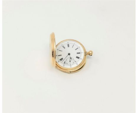 A ladies fob watch in engine turned yellow metal case, stamped '14K', with white enamel dial, 43 gm gross 