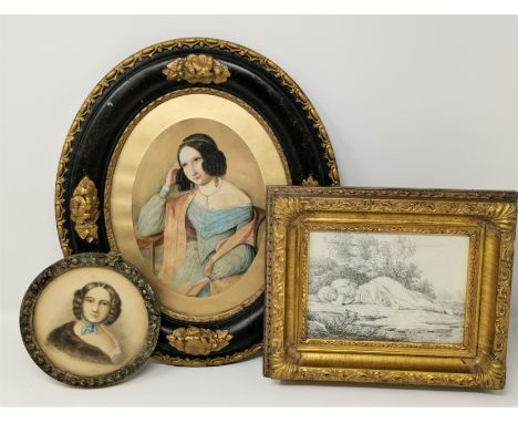 19th century watercolour:  Portrait of a young woman in contemplation, oval mount, 19 x 14.5 cm, framed; 2 others 