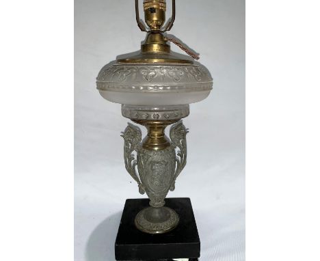 A lamp base, classical design in cast metal and moulded glass, 40 cm (converted to electric light) 