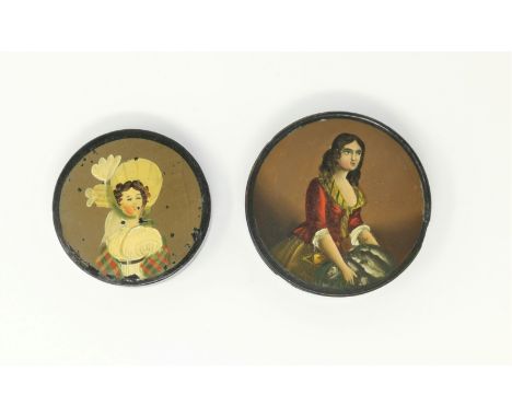 A 19th century lacquer patch box with portrait of a fish seller, 9.5 cm; and another 