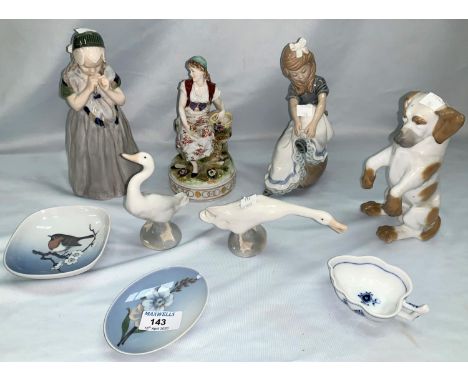 A Royal Copenhagen figure, girl in bonnet 1323; 3 Royal Copenhagen trinket dishes; a Nao figure and 2 geese; a Dresden style 