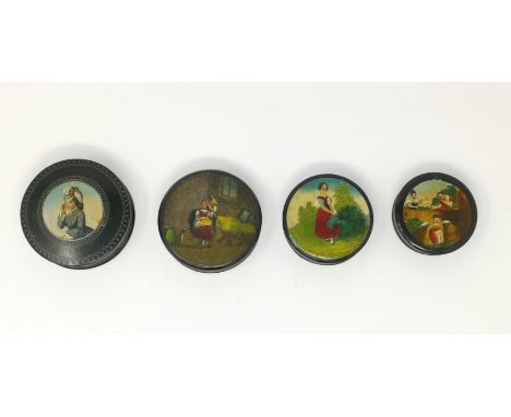 Three patch boxes with colour scenes to lids; another with portrait of a young woman 