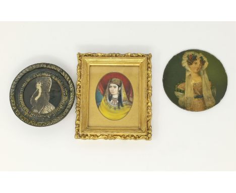 A 19th century miniature portrait of an Indian woman, 6.2 x 4.8 mm, gilt framed; 2 others 