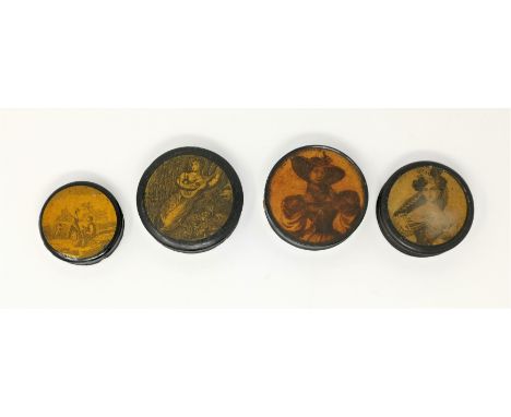 A 19th century lacquer patch box with engraved portrait of a fashionable woman; 3 others 
