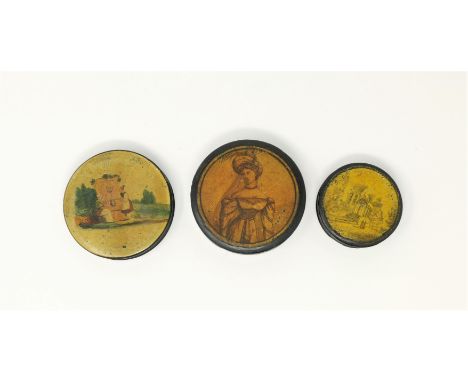 A 19th century lacquer patch box with continental scene; 2 others 